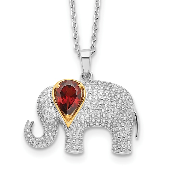 Elephant Necklace Garnet/Diamonds Sterling Silver/14K Yellow Gold