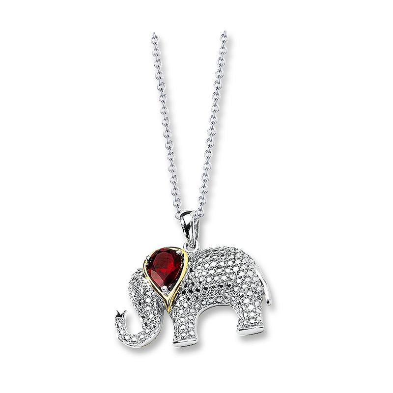 Main Image 1 of Elephant Necklace Garnet/Diamonds Sterling Silver/14K Yellow Gold