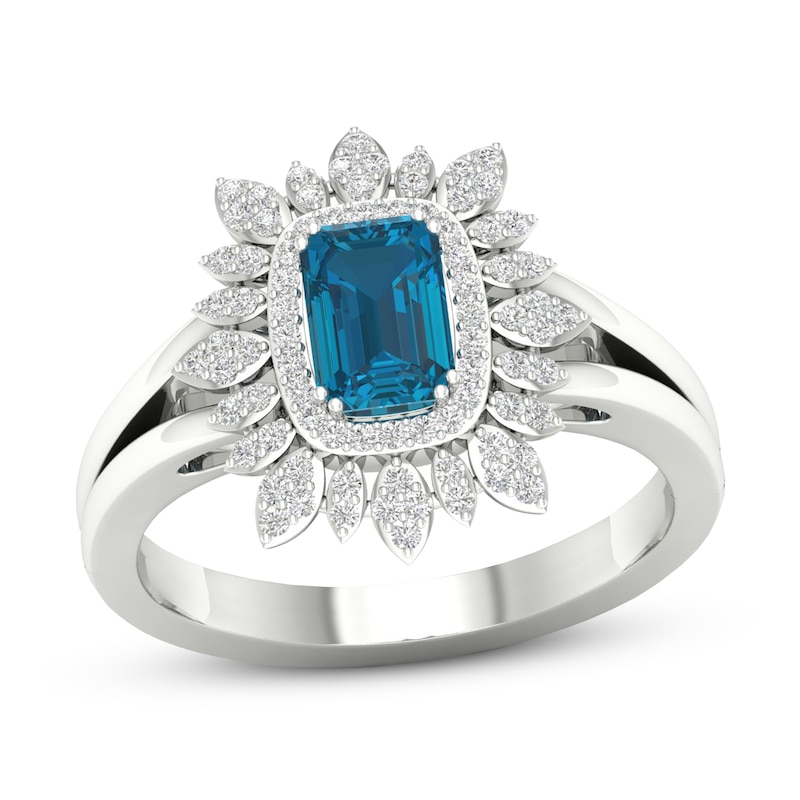 Blue Topaz Ring 1/5 ct tw Diamonds 10K White Gold