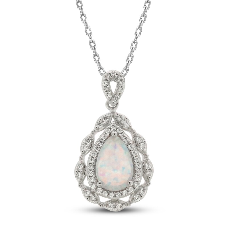 Main Image 1 of Lab-Created Opal Necklace 1/4 ct tw Diamonds 10K White Gold