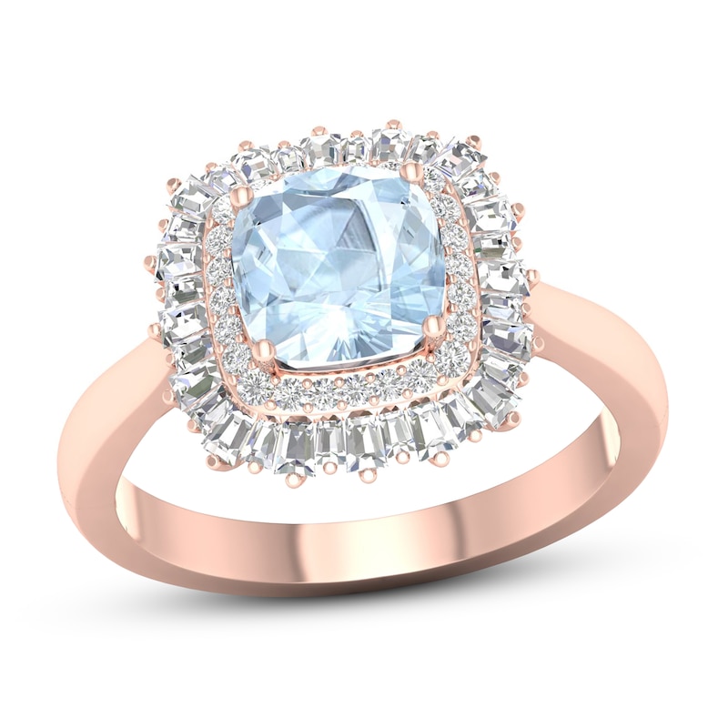 Aquamarine Ring 1/3 ct tw Round/Baguette 10K Rose Gold