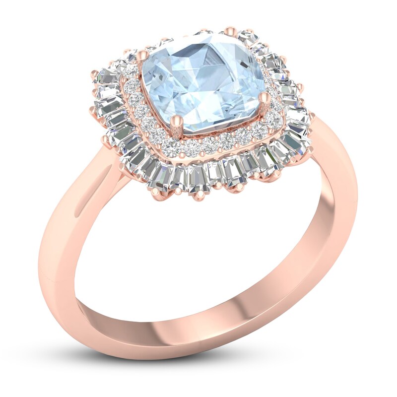 Aquamarine Ring 1/3 ct tw Round/Baguette 10K Rose Gold