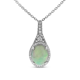 Natural Opal Necklace 1/5 ct tw Diamonds 10K White Gold