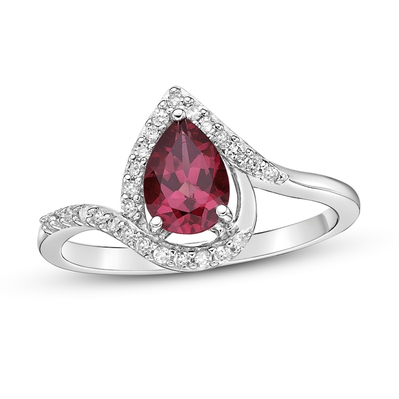 Main Image 1 of Natural Rhodolite Garnet Birthstone Ring 1/8 ct tw Diamonds 14K White Gold