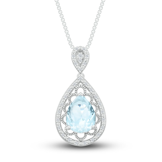 Natural Aquamarine Necklace 1/8 ct tw Diamonds Sterling Silver