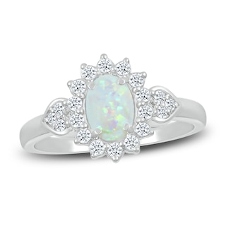 Lab-Created Opal Ring 1/6 ct tw Diamonds 10K White Gold