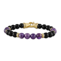 1933 by Esquire Men's Natural Amethyst & Natural Onyx Bead Bracelet 14K Yellow Gold-Plated Sterling Silver 8.75"