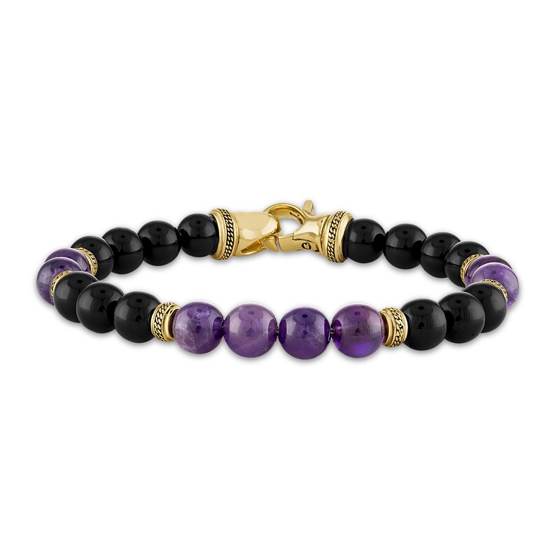 Main Image 1 of 1933 by Esquire Men's Natural Amethyst & Natural Onyx Bead Bracelet 14K Yellow Gold-Plated Sterling Silver 8.75"