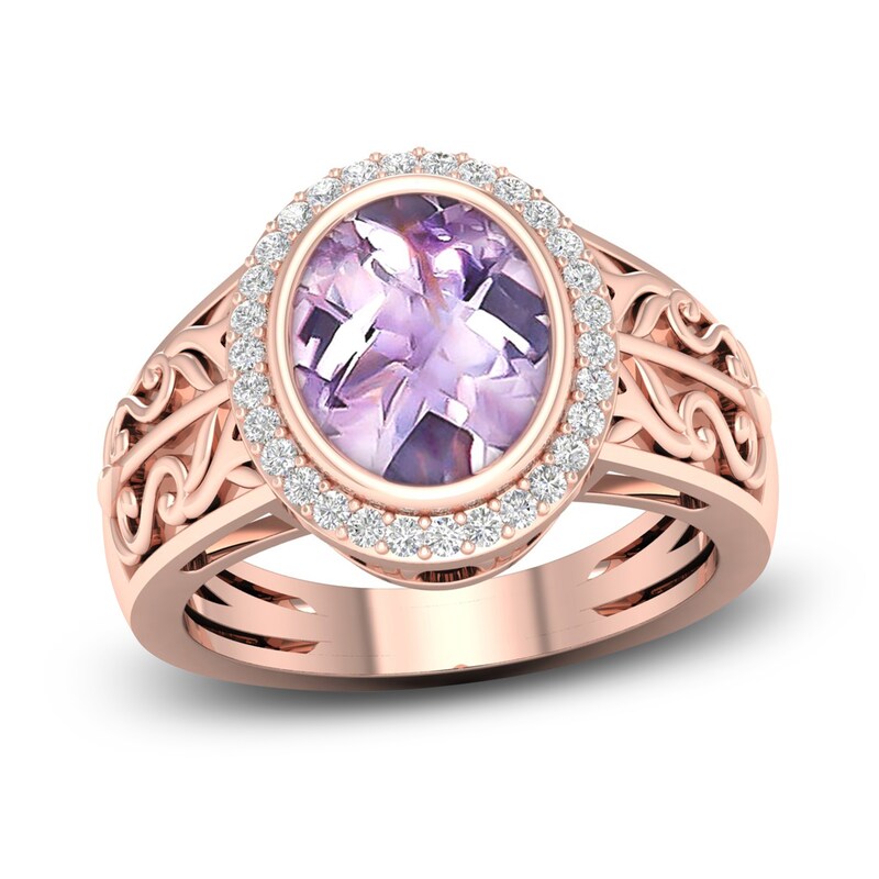 Main Image 1 of Natural Pink Quartz Ring 1/6 ct tw Diamonds 14K Rose Gold