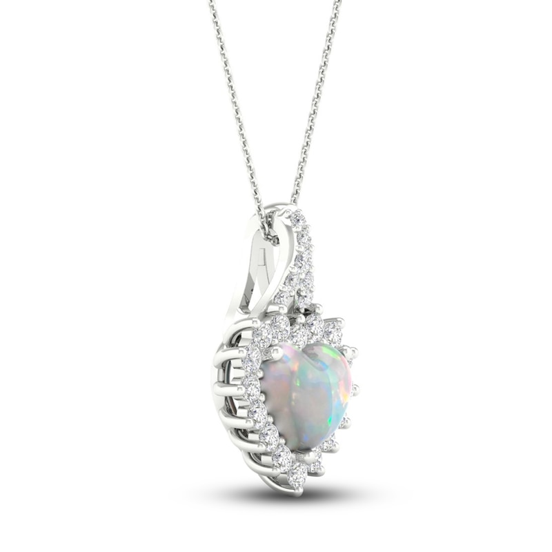 Lab-Created Opal & White Lab-Created Sapphire Heart Necklace Sterling ...