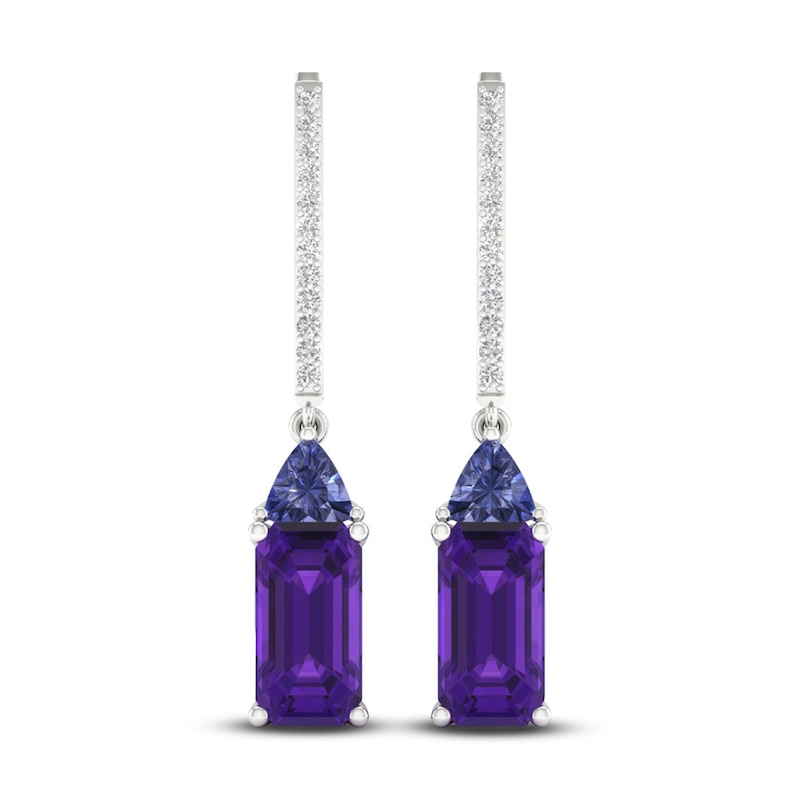 Natural Amethyst, Natural Iolite & Lab-Created White Sapphire Drop Earrings Sterling Silver