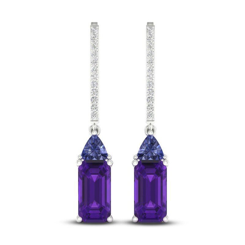 Natural Amethyst, Natural Iolite & Lab-Created White Sapphire Drop Earrings Sterling Silver