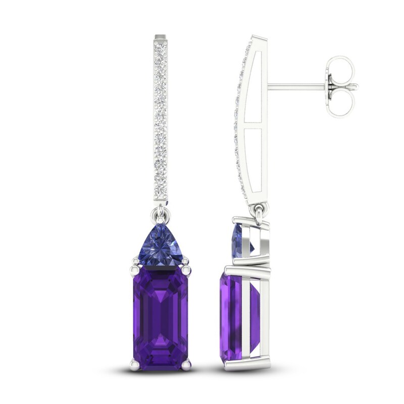 Natural Amethyst, Natural Iolite & Lab-Created White Sapphire Drop Earrings Sterling Silver
