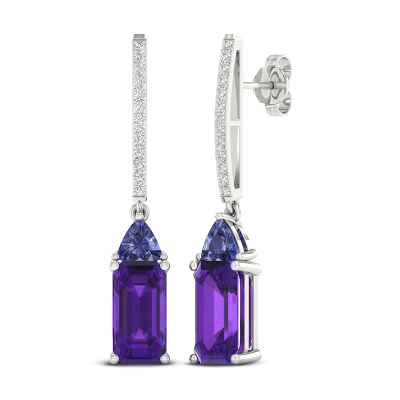 Natural Amethyst, Natural Iolite & Lab-Created White Sapphire Drop Earrings Sterling Silver