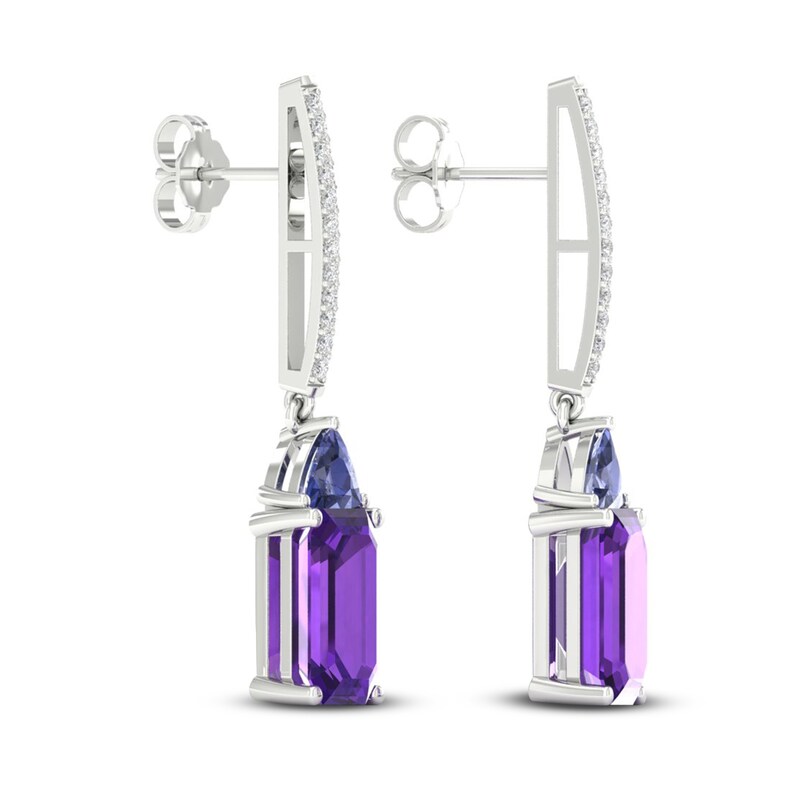 Natural Amethyst, Natural Iolite & Lab-Created White Sapphire Drop Earrings Sterling Silver