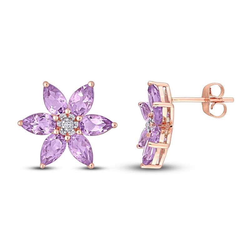 Natural Amethyst Flower Stud Earrings 1/20 ct tw Diamonds 14K Rose Gold