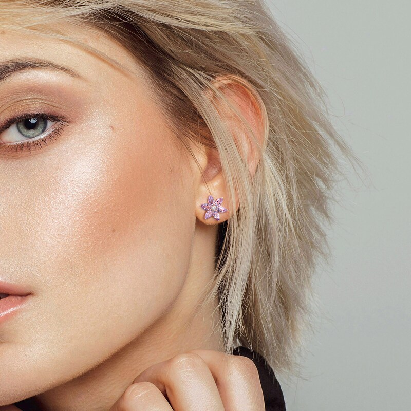 Natural Amethyst Flower Stud Earrings 1/20 ct tw Diamonds 14K Rose Gold