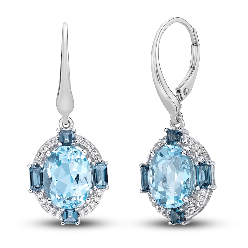 Main Image 1 of Natural Blue Topaz Drop Earrings 1/6 ct tw Diamonds 10K White Gold