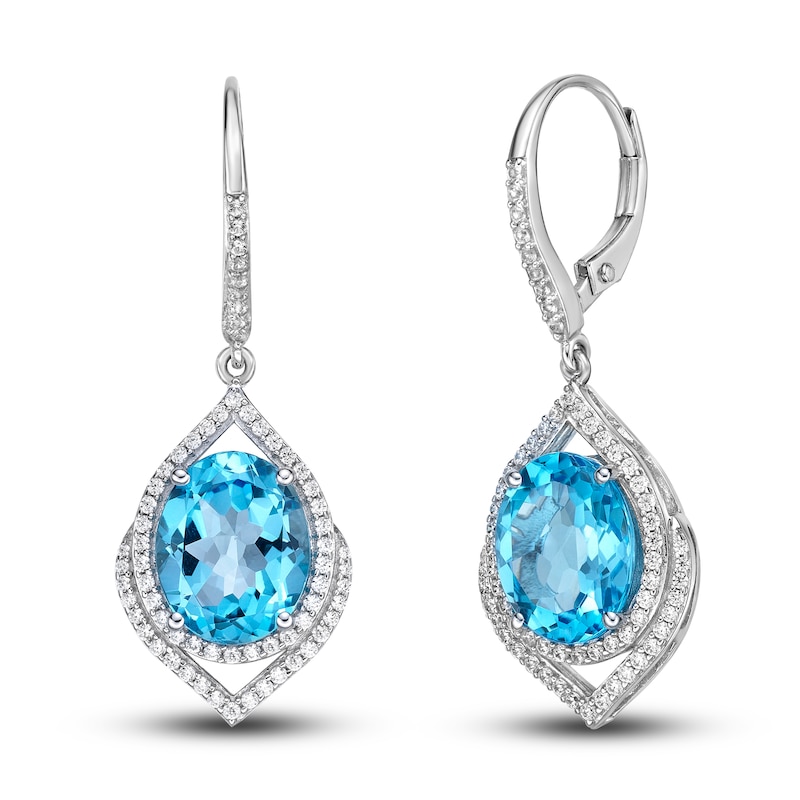 Natural Swiss Blue Topaz Drop Earrings 5/8 ct tw Diamonds 10K White Gold