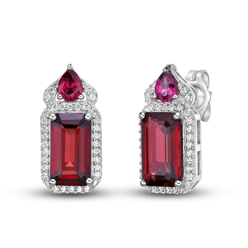 Natural Garnet Earrings 1/4 ct tw Diamonds 10K White Gold with 360