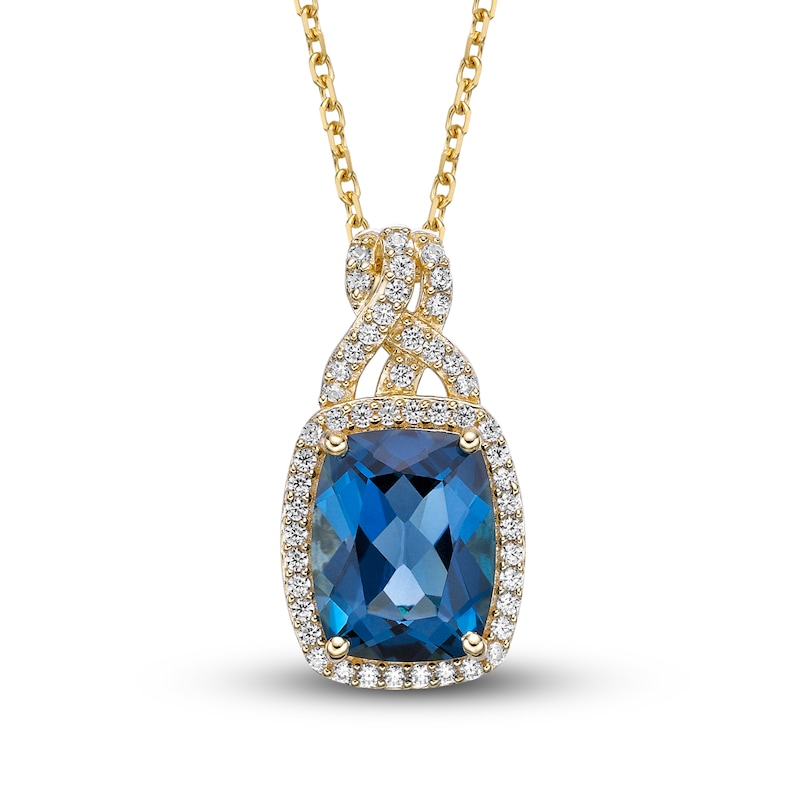 Natural London Blue Topaz Necklace 1/4 ct tw Diamonds 10K Yellow Gold 18"