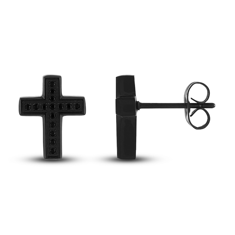 Main Image 1 of Men's Black Diamond Cross Stud Earrings 1/10 ct tw Round Ion-Plated Stainless Steel