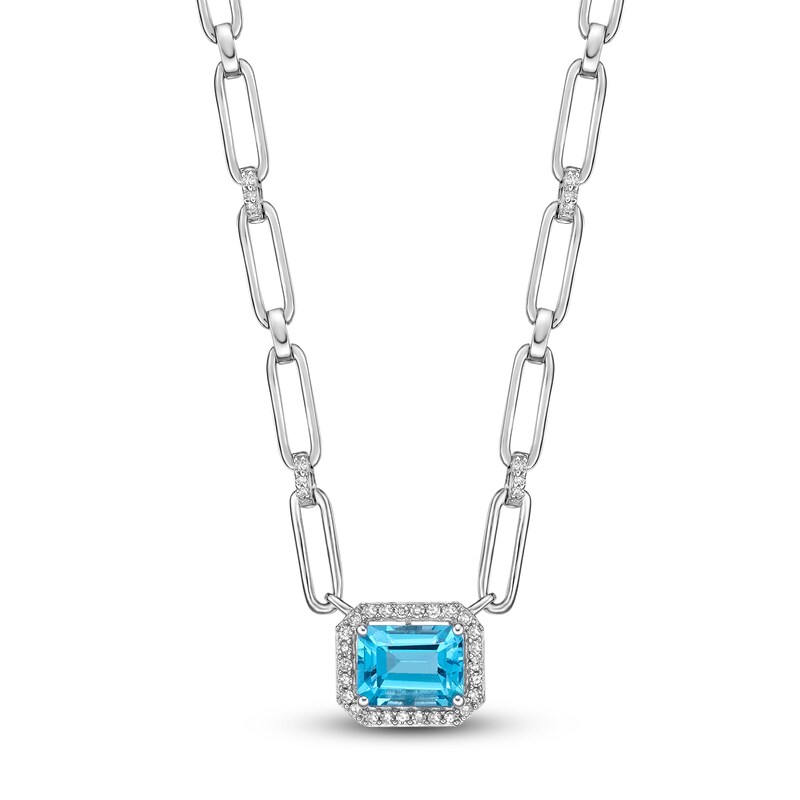 Main Image 1 of Natural Swiss Blue Topaz Paperclip Necklace 1/5 ct tw Diamonds Sterling Silver 18"