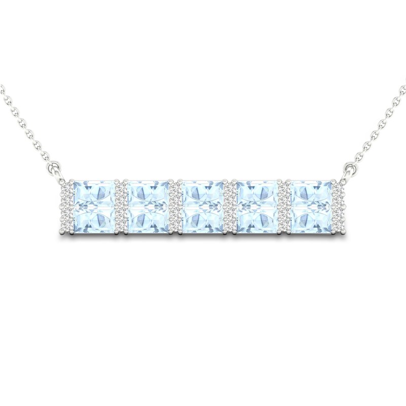 Main Image 1 of Natural Aquamarine Bar Necklace 1/4 ct tw Diamonds 10K White Gold 18"