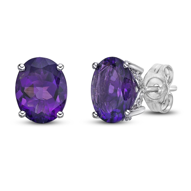 Natural Amethyst Stud Earrings 1/8 ct tw Diamonds 10K White Gold with 360