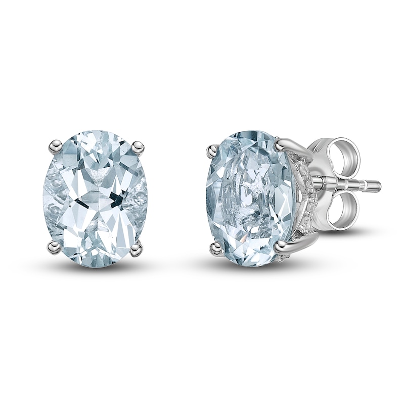 Main Image 1 of Natural Aquamarine Stud Earrings 1/8 ct tw Diamonds 10K White Gold