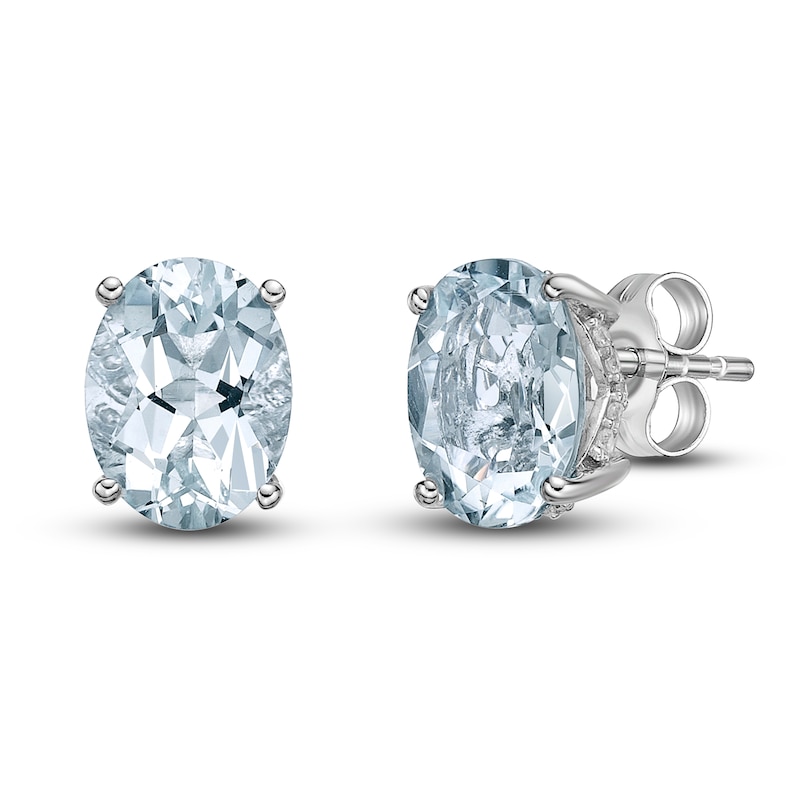 Natural Aquamarine Stud Earrings 1/8 ct tw Diamonds 10K White Gold