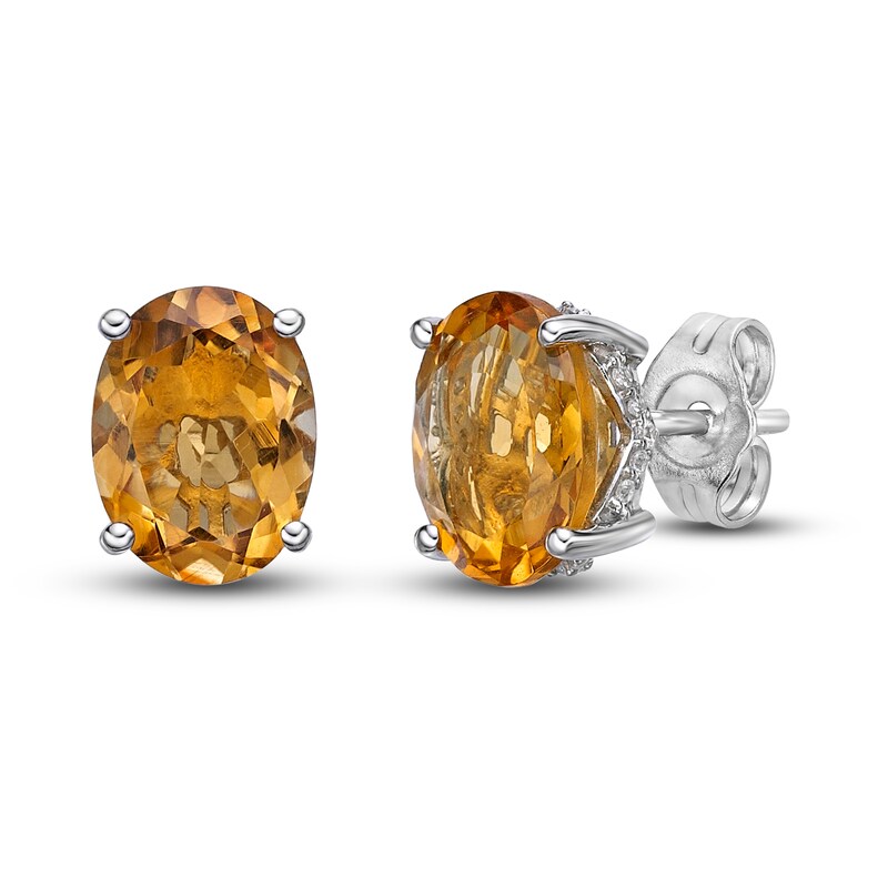 Natural Citrine Stud Earrings 1/8 ct tw Diamonds 10K White Gold