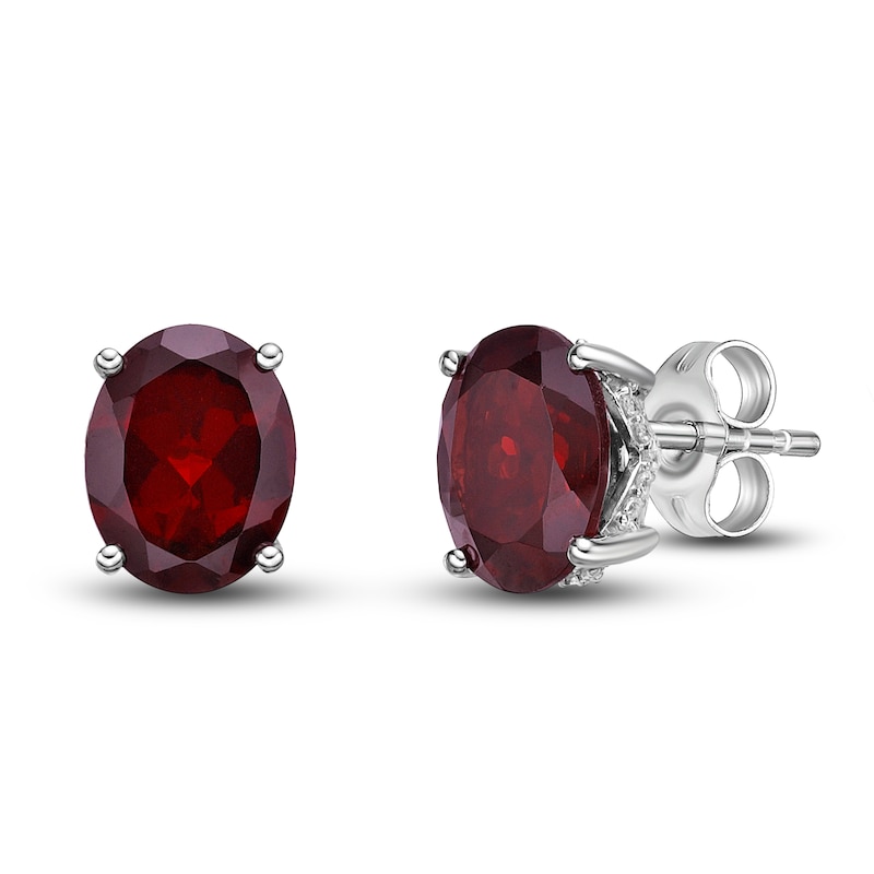 Natural Garnet Stud Earrings 1/8 ct tw Diamonds 10K White Gold with 360