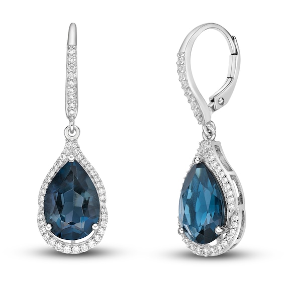 Genuine London Blue Topaz and Lab Diamond Silver Dangle Earrings