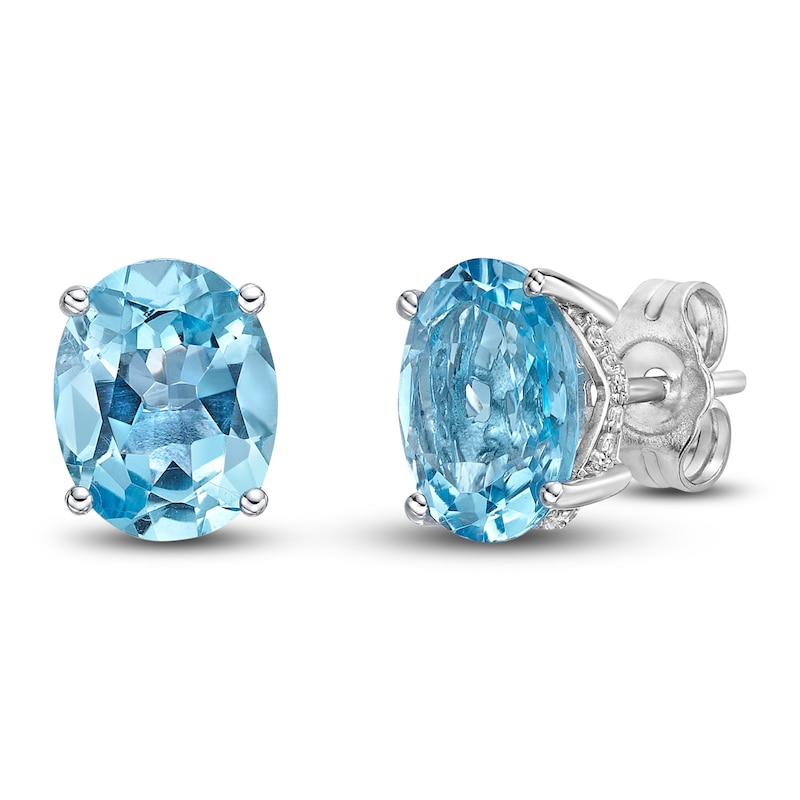 Natural Swiss Blue Topaz Stud Earrings 1/8 ct tw Diamonds 10K White Gold with 360