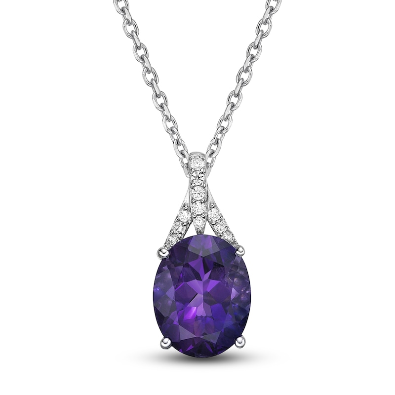 Main Image 1 of Natural Amethyst Pendant Necklace 1/8 ct tw Diamonds 10K White Gold 18"