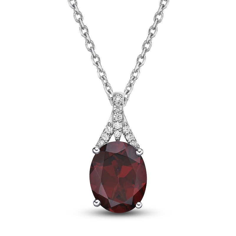 Main Image 1 of Natural Garnet Pendant Necklace 1/8 ct tw Diamonds 10K White Gold 18"
