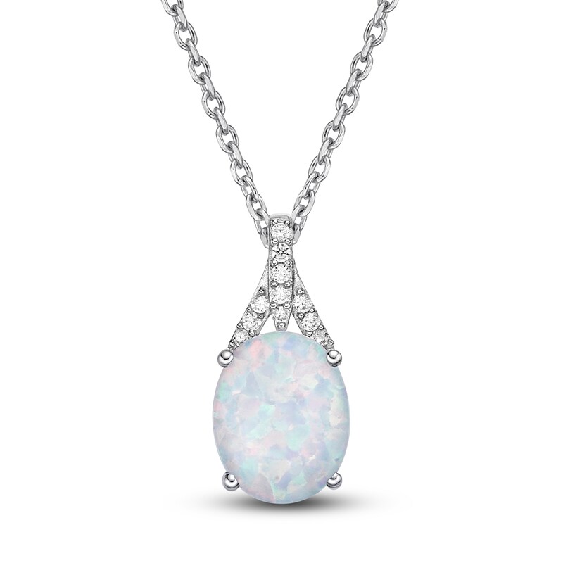 Main Image 1 of Lab-Created Opal Pendant Necklace 1/8 ct tw Diamonds 10K White Gold 18"