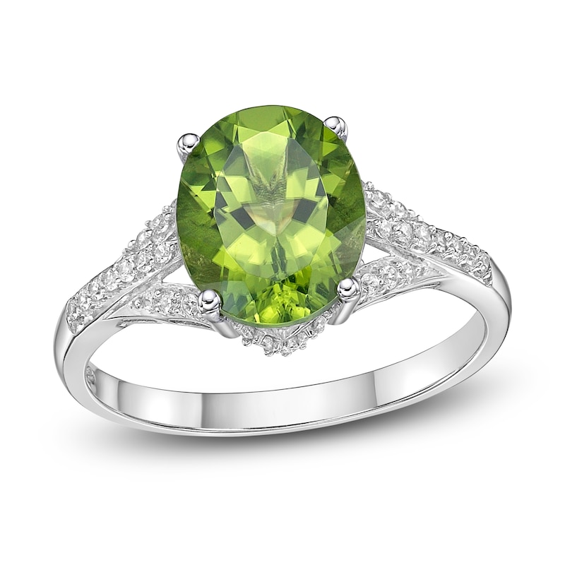 Main Image 1 of Natural Peridot Oval Ring 1/6 ct tw Diamonds 10K White Gold