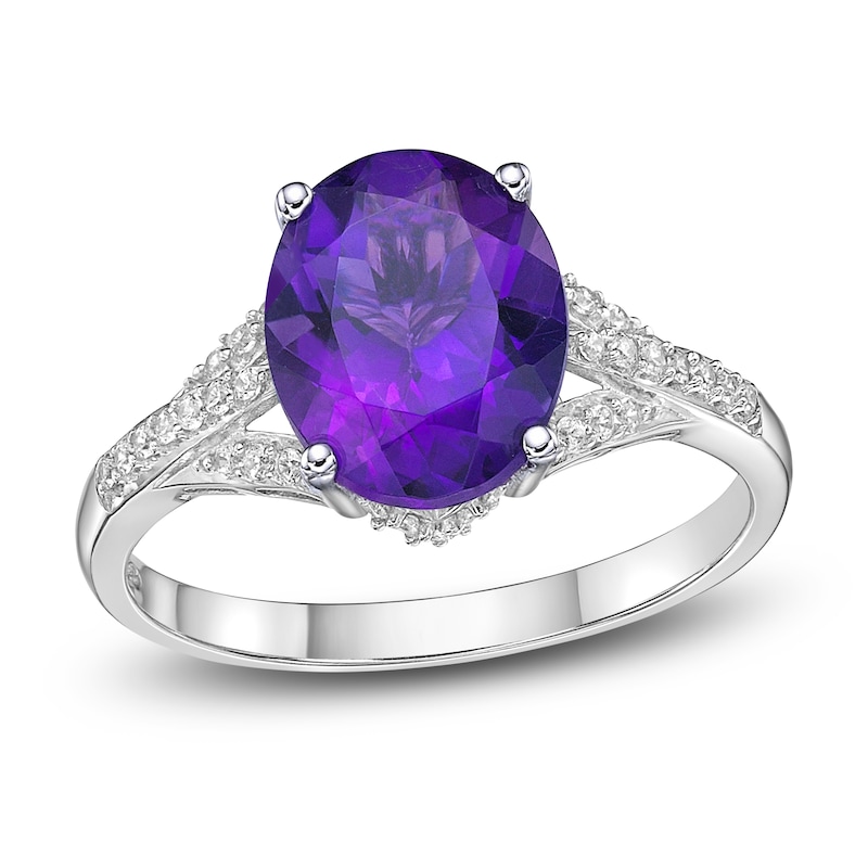 Main Image 1 of Natural Amethyst Oval Ring 1/6 ct tw Diamonds 10K White Gold