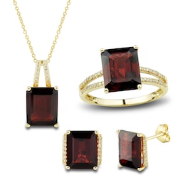 Natural Garnet Ring, Earring & Necklace Set 1/5 ct tw Diamonds 10K Yellow Gold