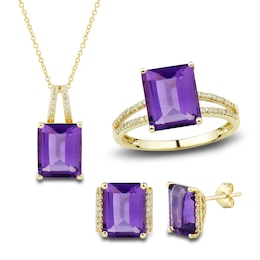 Natural Amethyst Ring, Earring & Necklace Set 1/5 ct tw Diamonds 10K Yellow Gold