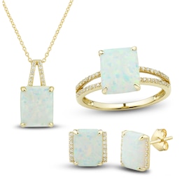 Lab-Created Opal Ring, Earring & Necklace Set 1/5 ct tw Diamonds 10K Yellow Gold