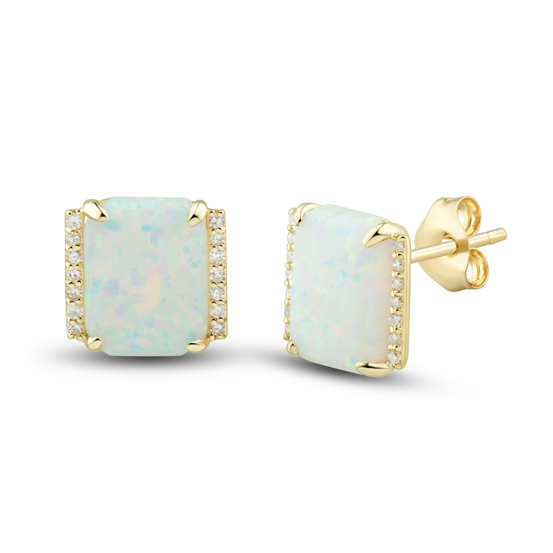 Main Image 3 of Lab-Created Opal Ring, Earring & Necklace Set 1/5 ct tw Diamonds 10K Yellow Gold