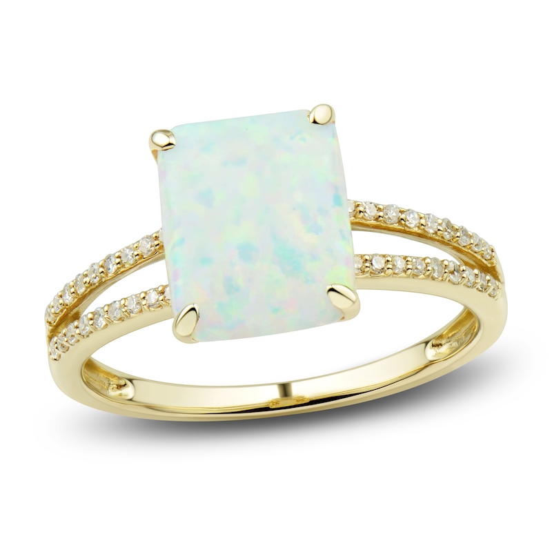 Main Image 4 of Lab-Created Opal Ring, Earring & Necklace Set 1/5 ct tw Diamonds 10K Yellow Gold