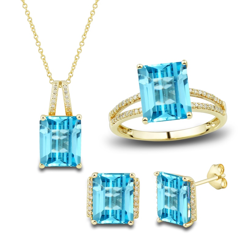 Main Image 1 of Natural Swiss Blue Topaz Ring, Earring & Necklace Set 1/5 ct tw Diamonds 10K Yellow Gold