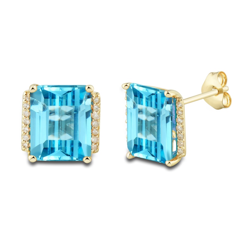 Main Image 3 of Natural Swiss Blue Topaz Ring, Earring & Necklace Set 1/5 ct tw Diamonds 10K Yellow Gold