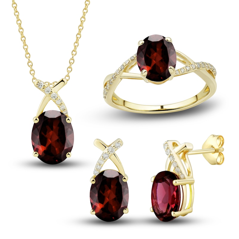 Main Image 1 of Natural Garnet Ring, Earring & Necklace Set 1/5 ct tw Diamonds 10K Yellow Gold