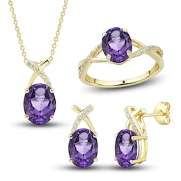 Natural Amethyst Ring, Earring & Necklace Set 1/5 ct tw Diamonds 10K Yellow Gold