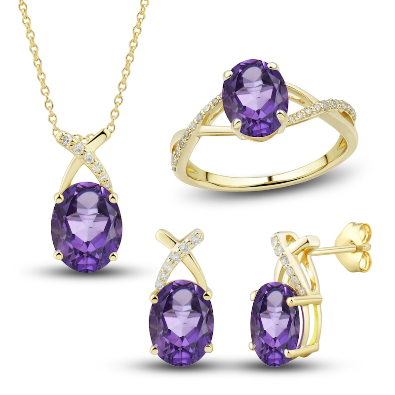 Natural Amethyst Ring, Earring & Necklace Set 1/5 ct tw Diamonds 10K Yellow Gold